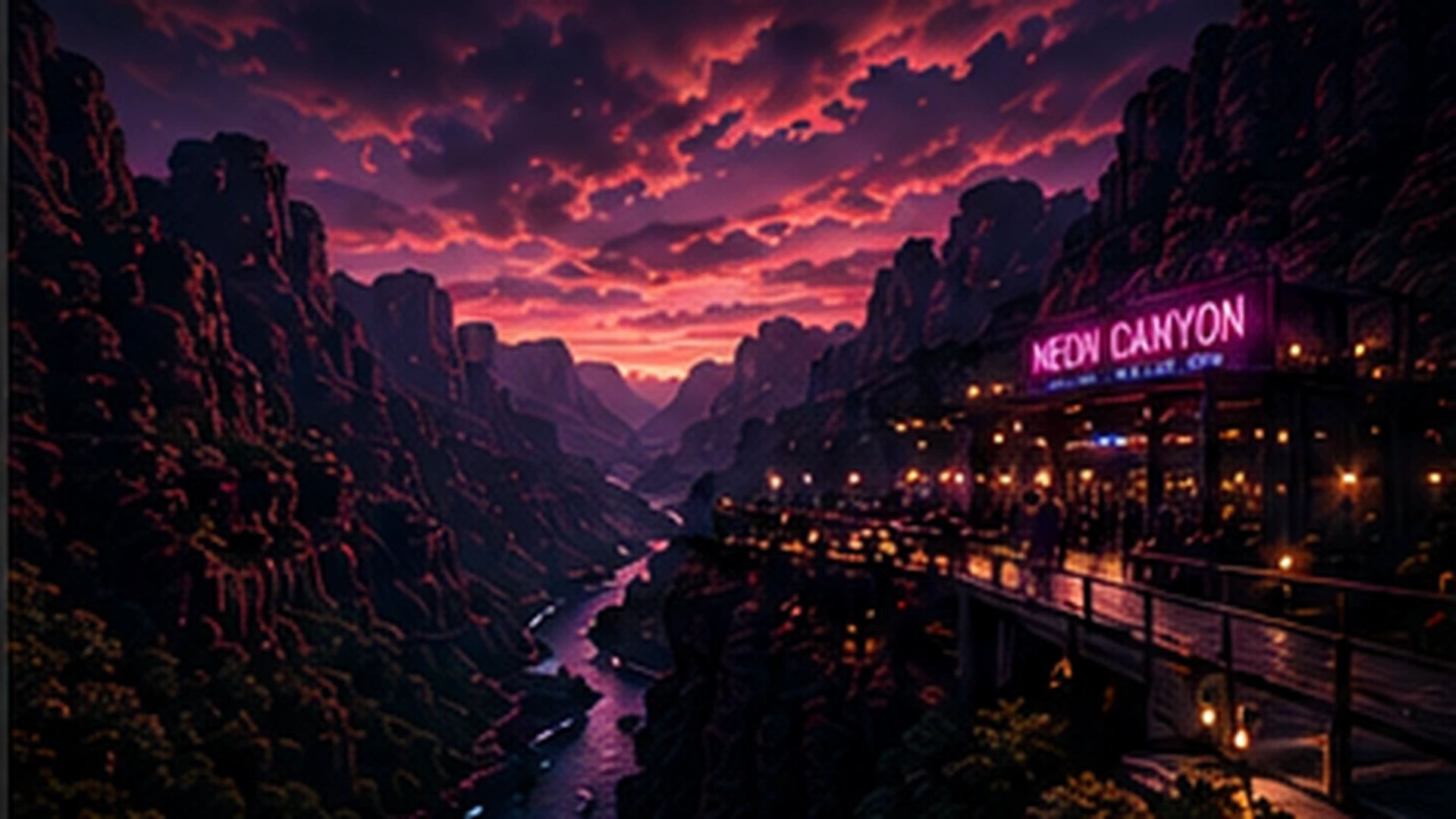 Neon Canyon arcade and lounge website homepage — a neon-lit bar and game floor at night.