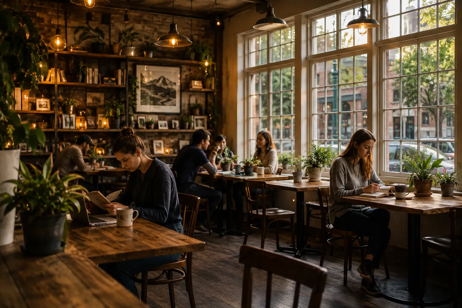 Locals at small wooden tables under brick walls and warm pendants — the café's main room.