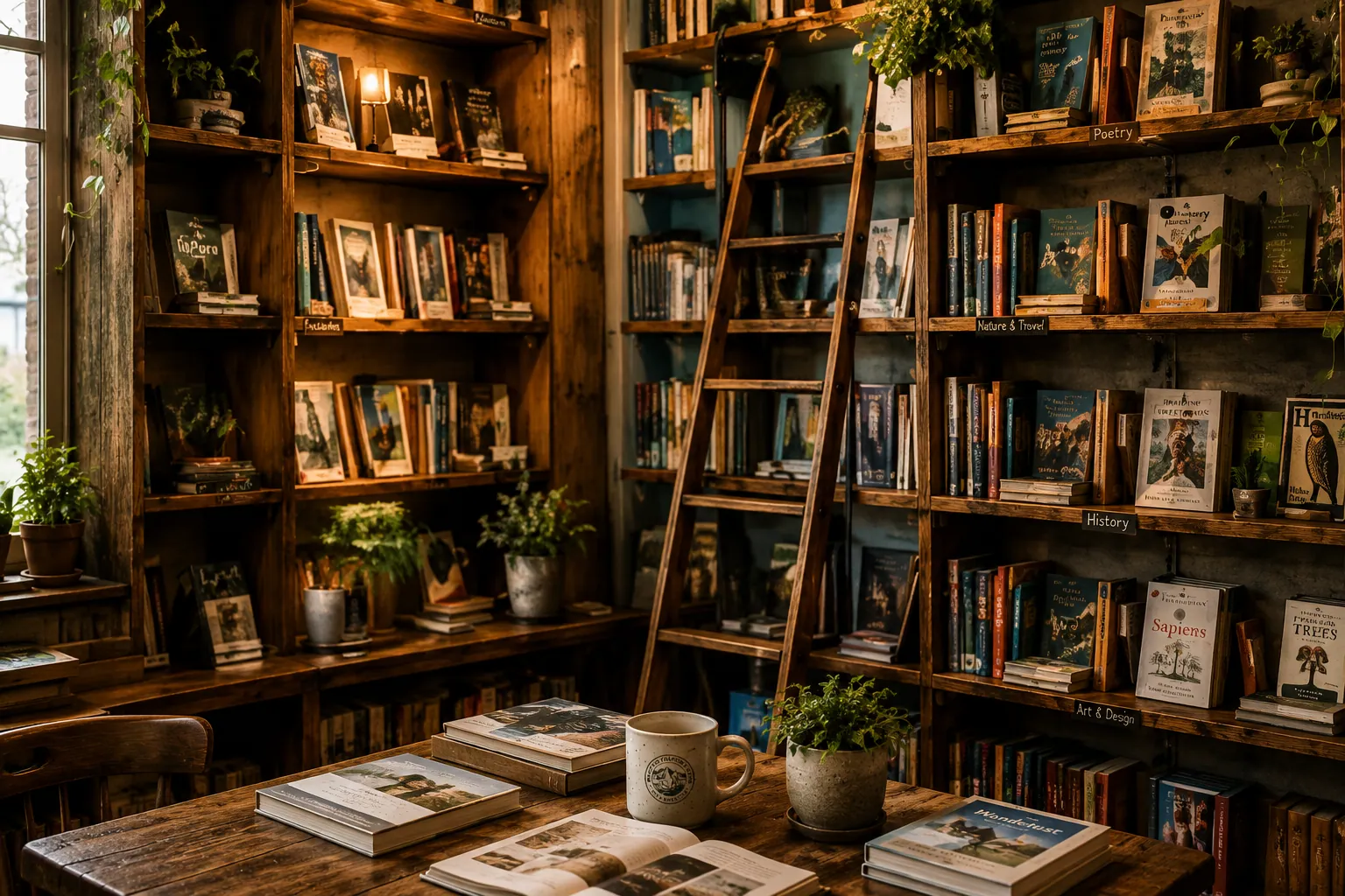 A wall of bookshelves with a wooden ladder, table strewn with open books and a coffee mug.