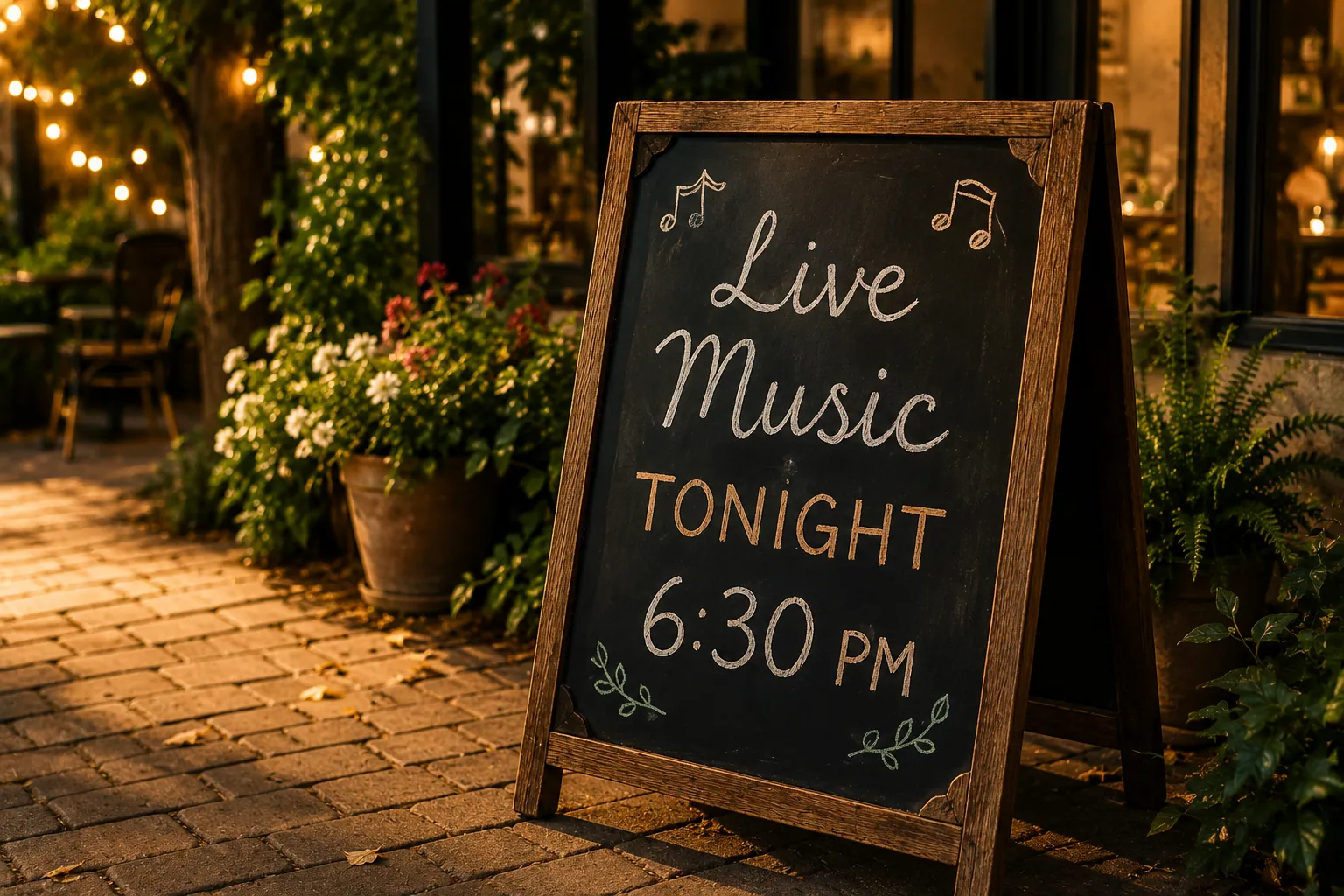 A chalkboard sandwich sign outside the café reading 'Live Music Tonight 6:30 PM' in flowing script.