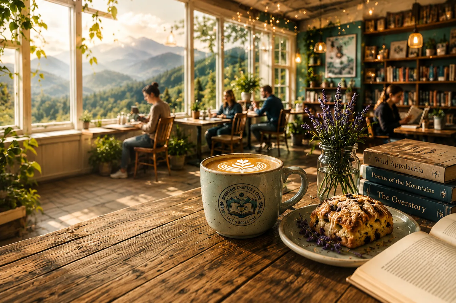 Mountain Chapter & Grind café and bookstore website homepage — a cozy café-scene hero.