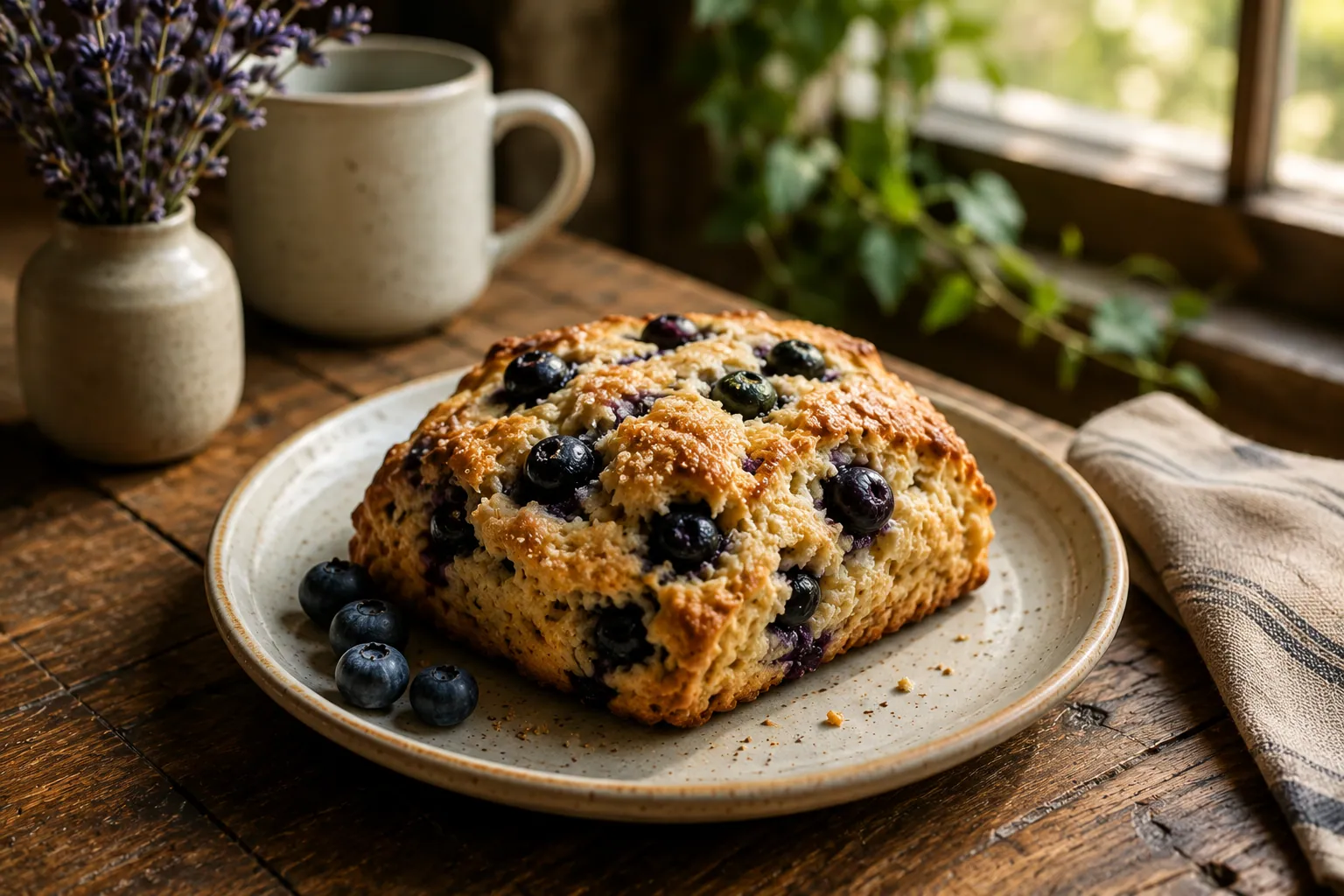 A trio of golden blueberry scones glazed and dusted with sugar.