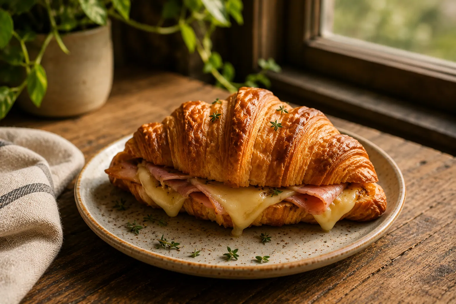 A buttery croissant filled with ham and bubbling Gruyère on a small ceramic plate.