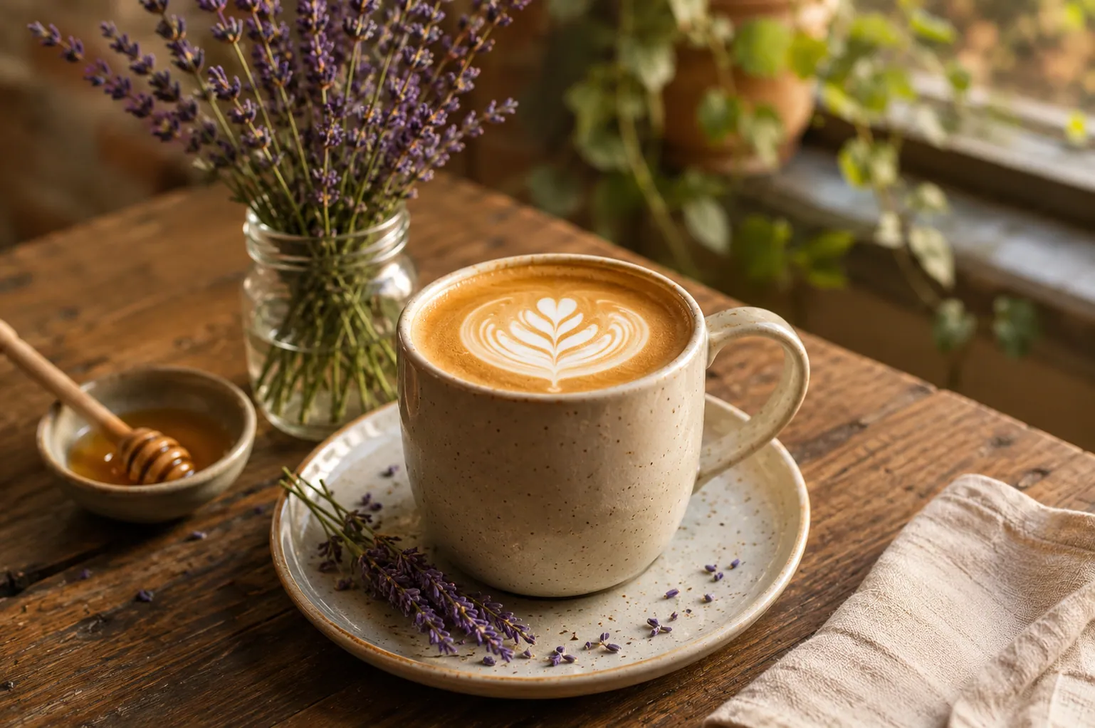 Lavender honey latte in a speckled ceramic mug with a fern rosetta and a sprig of fresh lavender on the saucer.