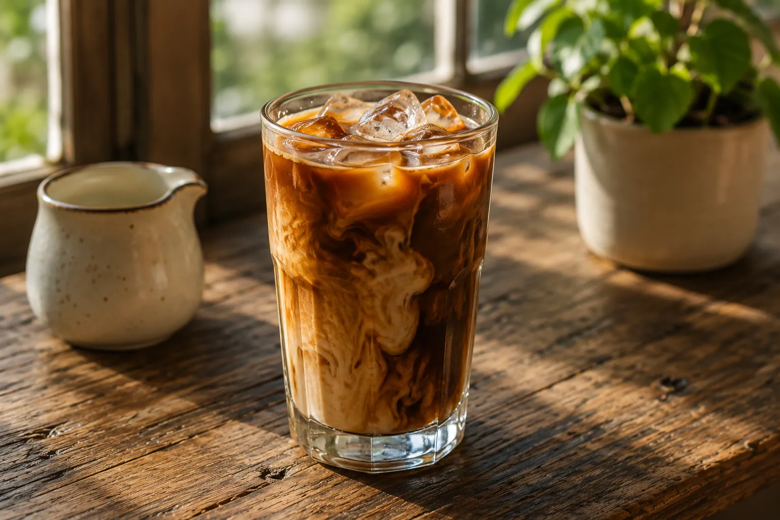 Tall glass of cold brew with maple cream cascading through the ice.