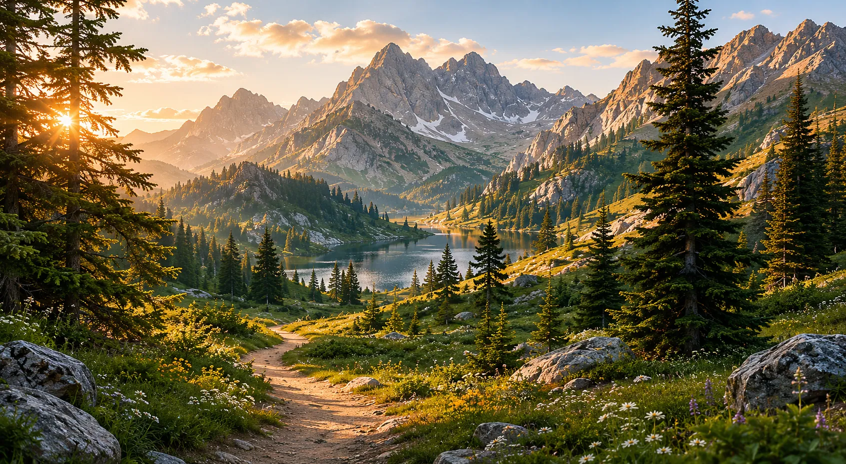 Appalachian mountains glow in golden sunset light over a wildflower meadow.