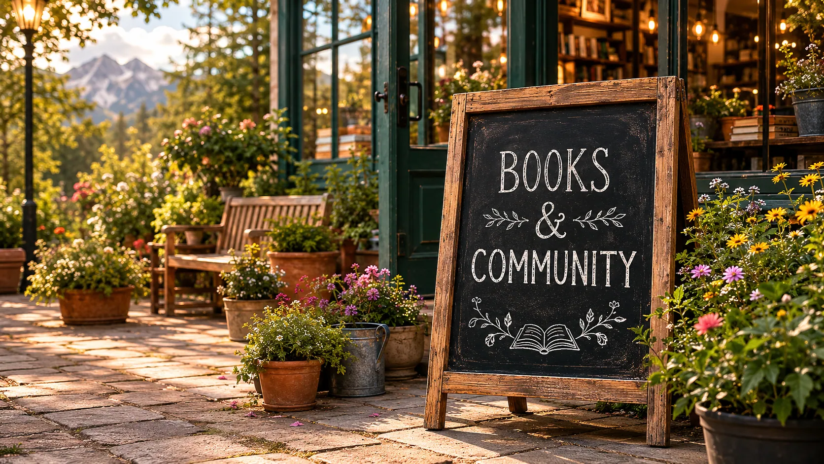 A chalkboard sandwich sign outside the café reads 'BOOKS & COMMUNITY' beside potted flowers and the storefront door.