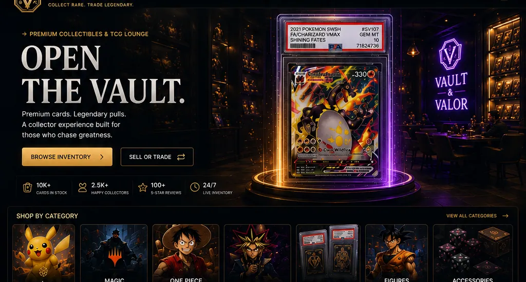 Vault & Valor collectibles and trading-card lounge website homepage — a graded-card vault hero.