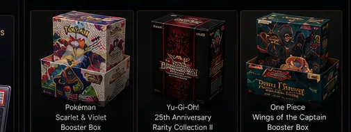 Pokemon Scarlet & Violet, Yu-Gi-Oh 25th Anniversary, and One Piece Wings of the Captain booster boxes