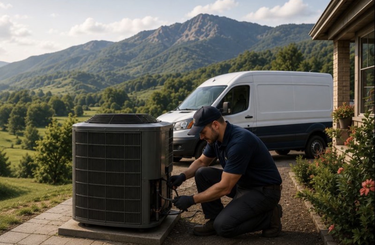 Northeast TN HVAC website homepage — a service technician hero with the phone number up top.